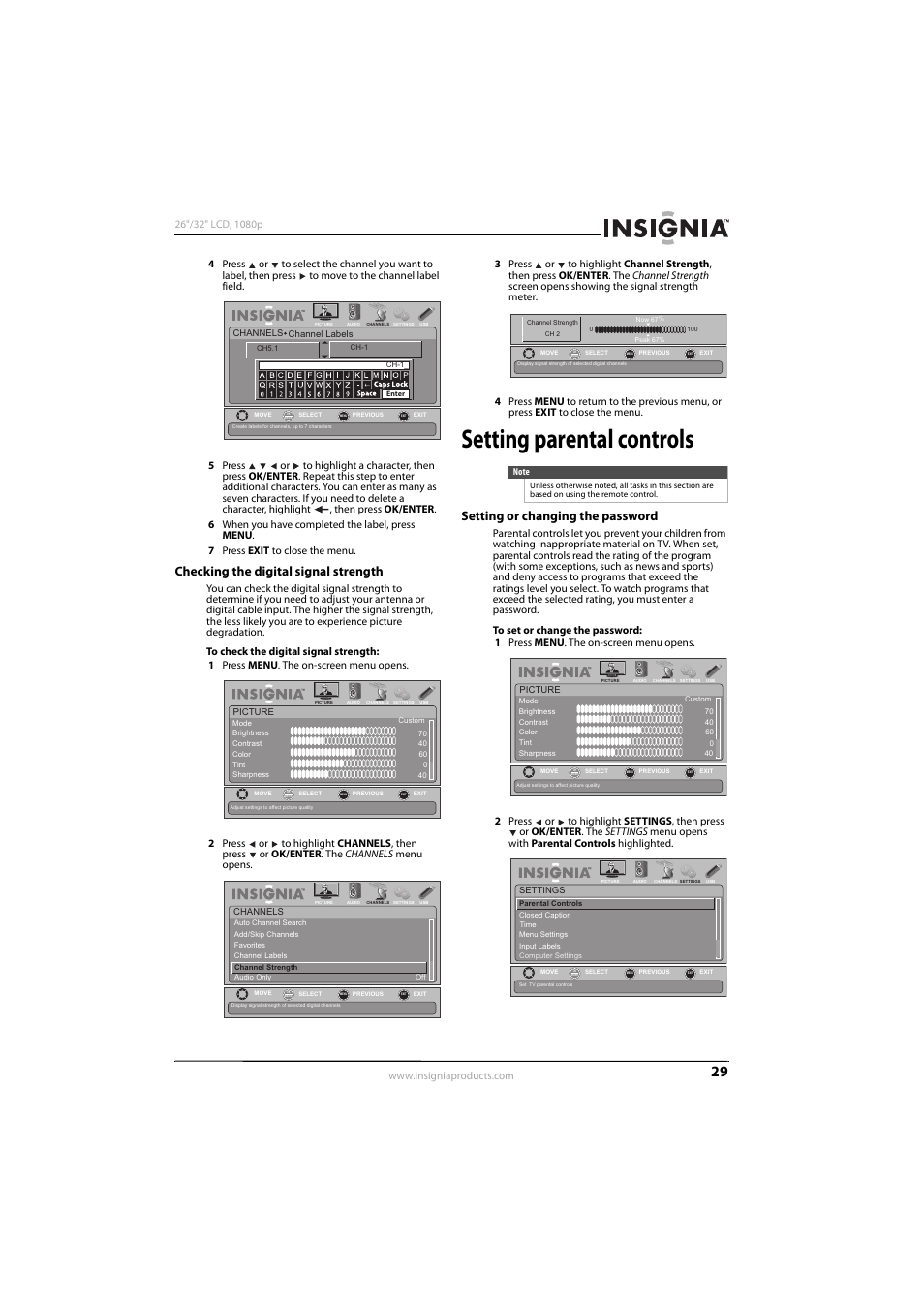 Checking the digital signal strength, Setting parental controls, Setting or changing the password | Konica Minolta NS-32L450A11 User Manual | Page 33 / 68