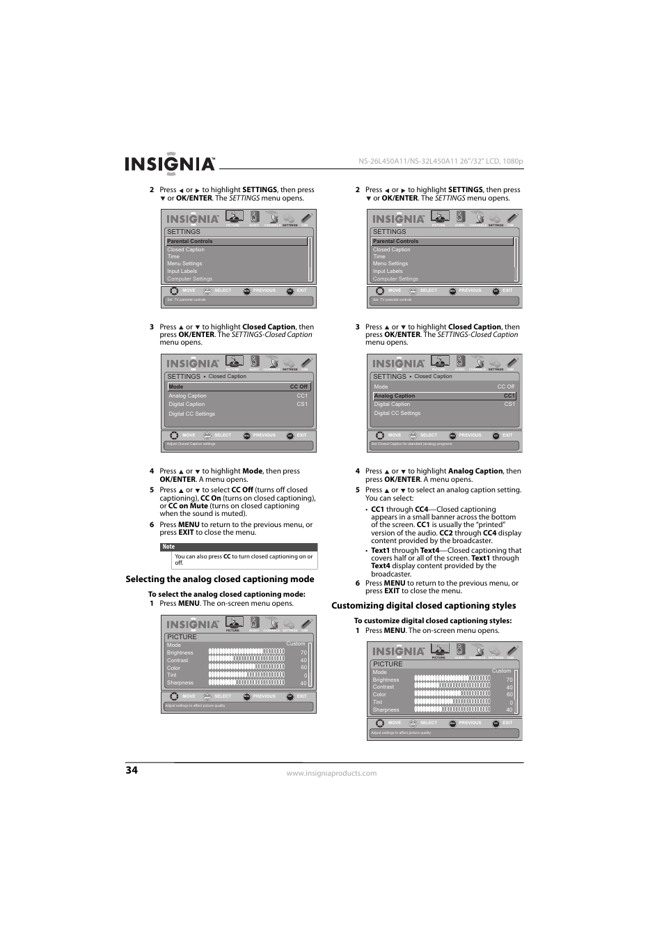 Selecting the analog closed captioning mode, Customizing digital closed captioning styles | Konica Minolta NS-32L450A11 User Manual | Page 38 / 68