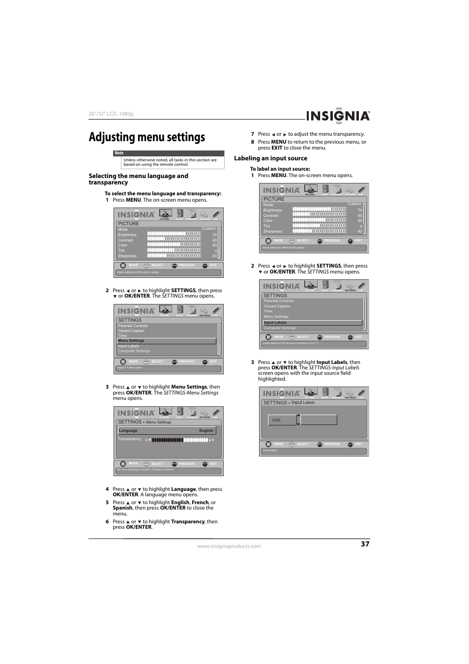 Adjusting menu settings, Selecting the menu language and transparency, Labeling an input source | Konica Minolta NS-32L450A11 User Manual | Page 41 / 68