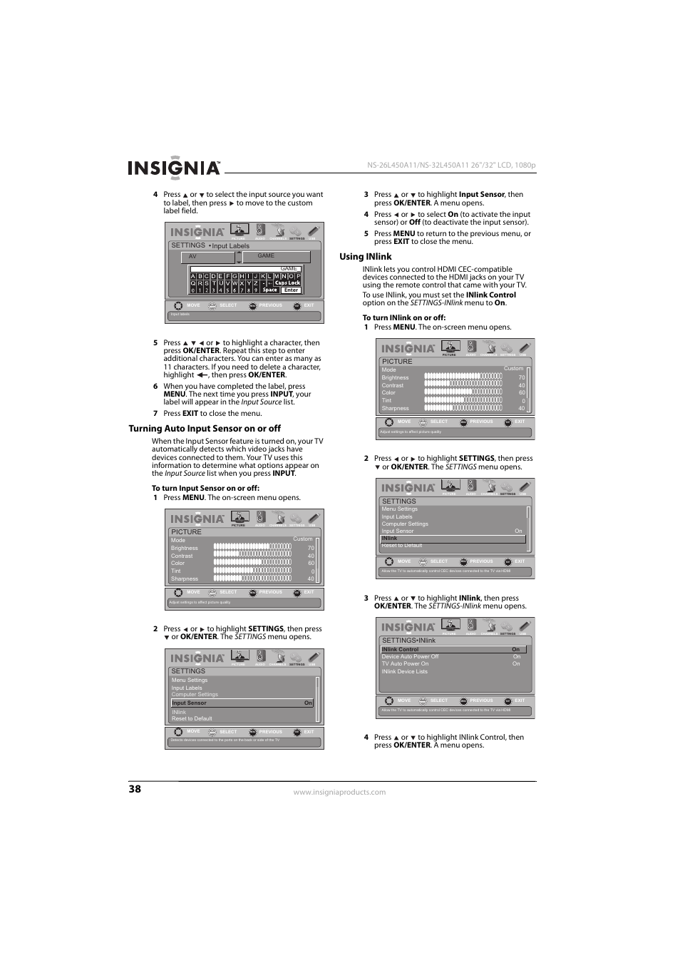Turning auto input sensor on or off, Using inlink, Turning auto input sensor on or off using inlink | Konica Minolta NS-32L450A11 User Manual | Page 42 / 68