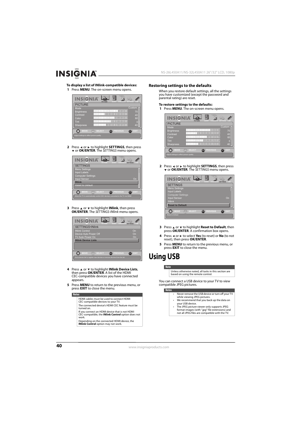 Restoring settings to the defaults, Using usb | Konica Minolta NS-32L450A11 User Manual | Page 44 / 68