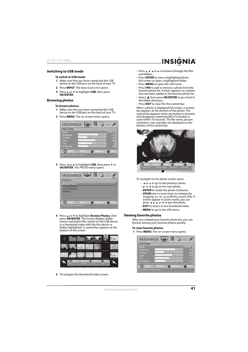 Switching to usb mode, Browsing photos, Viewing favorite photos | Konica Minolta NS-32L450A11 User Manual | Page 45 / 68