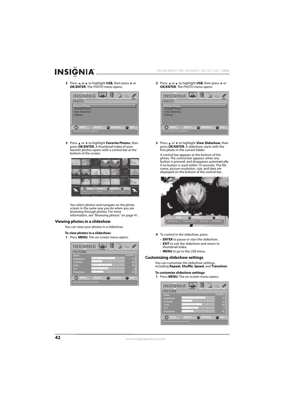 Viewing photos in a slideshow, Customizing slideshow settings | Konica Minolta NS-32L450A11 User Manual | Page 46 / 68