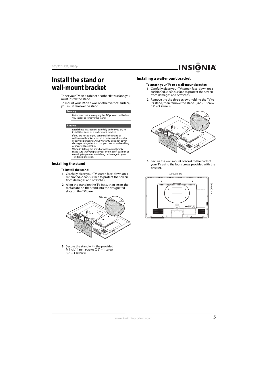 Install the stand or wall-mount bracket, Installing the stand, Installing a wall-mount bracket | Konica Minolta NS-32L450A11 User Manual | Page 9 / 68