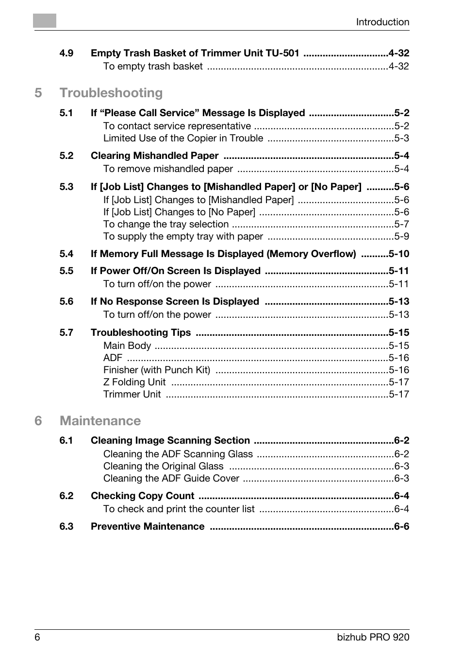 5troubleshooting, 6maintenance | Konica Minolta BIZHUB PRO bizhubPRO920 User Manual | Page 10 / 410