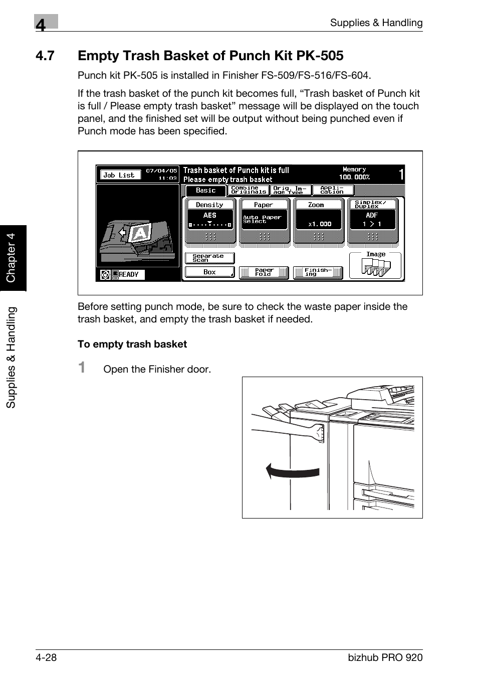7 empty trash basket of punch kit pk-505, Empty trash basket of punch kit pk-505 -28, To empty trash basket -28 | Konica Minolta BIZHUB PRO bizhubPRO920 User Manual | Page 106 / 410