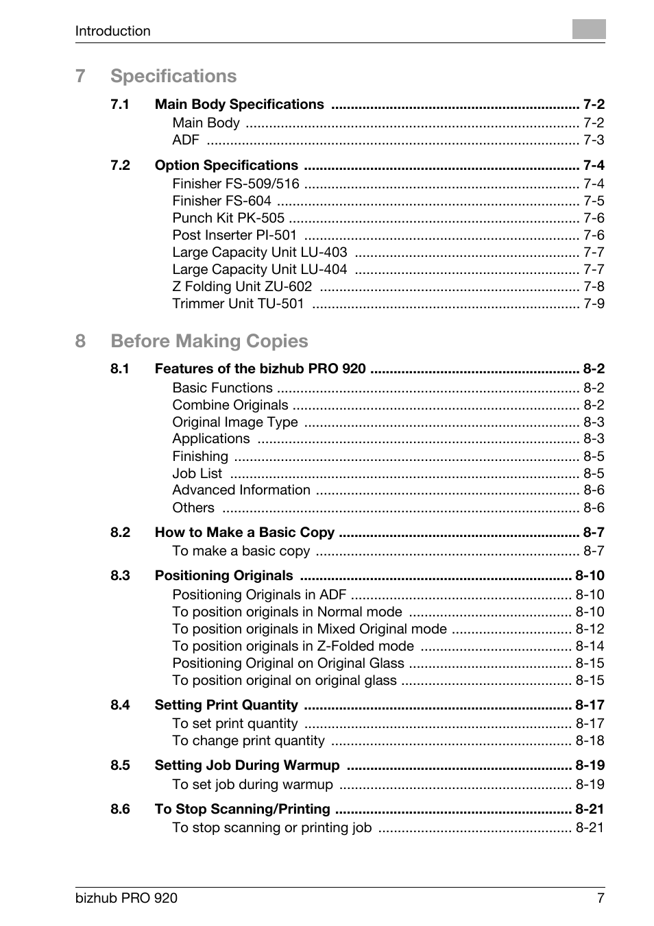 7specifications, 8before making copies | Konica Minolta BIZHUB PRO bizhubPRO920 User Manual | Page 11 / 410