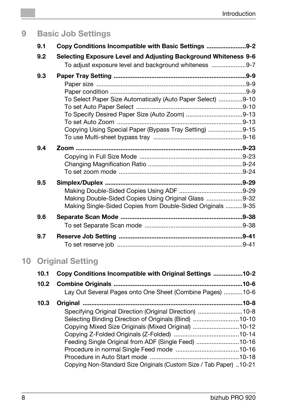 9basic job settings, 10 original setting | Konica Minolta BIZHUB PRO bizhubPRO920 User Manual | Page 12 / 410