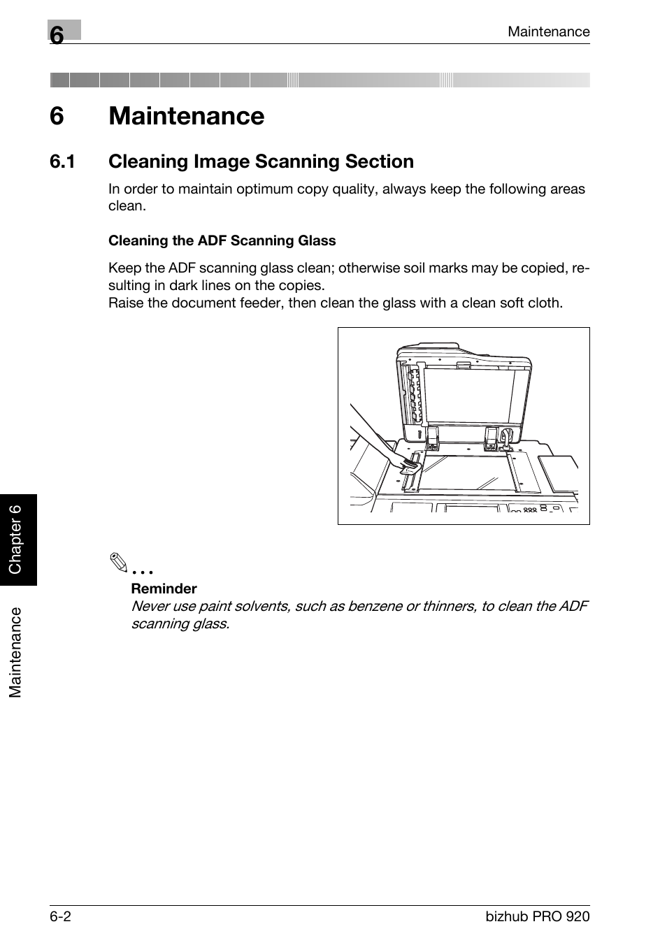 6 maintenance, 1 cleaning image scanning section, Maintenance | Cleaning image scanning section -2, Cleaning the adf scanning glass -2, 6maintenance | Konica Minolta BIZHUB PRO bizhubPRO920 User Manual | Page 132 / 410