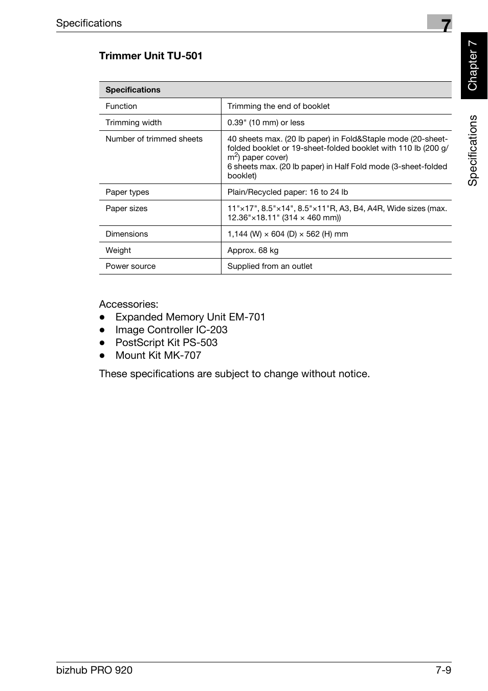 Trimmer unit tu-501 -9, Specifi c ations chap te r 7 | Konica Minolta BIZHUB PRO bizhubPRO920 User Manual | Page 145 / 410