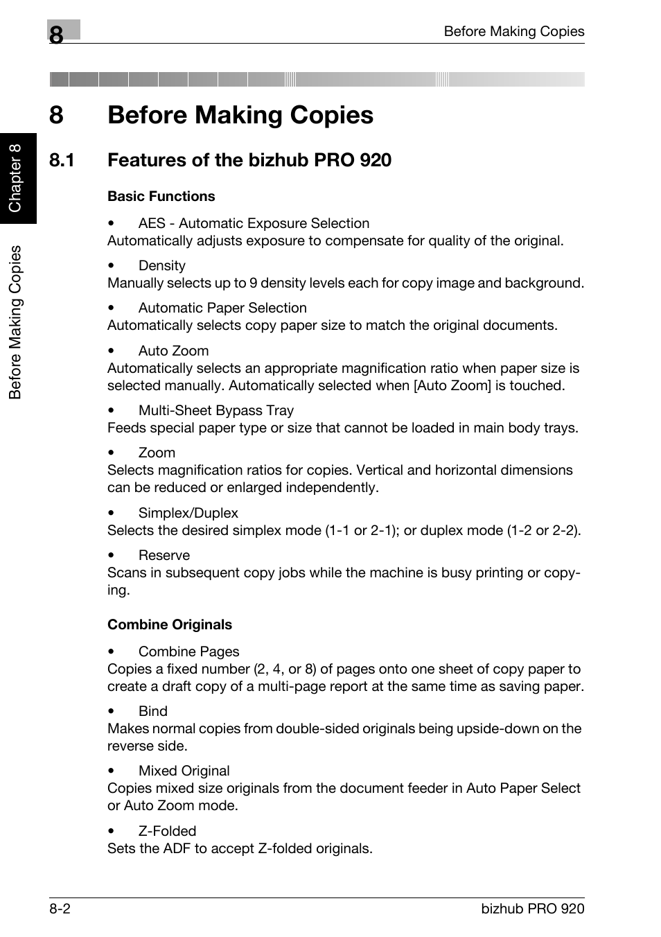 8 before making copies, 1 features of the bizhub pro 920, Before making copies | Features of the bizhub pro 920 -2, Basic functions -2 combine originals -2, 8before making copies | Konica Minolta BIZHUB PRO bizhubPRO920 User Manual | Page 148 / 410