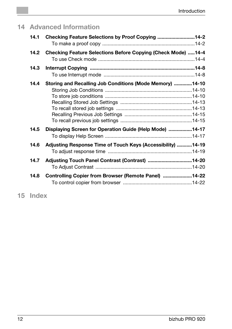 14 advanced information, 15 index | Konica Minolta BIZHUB PRO bizhubPRO920 User Manual | Page 16 / 410