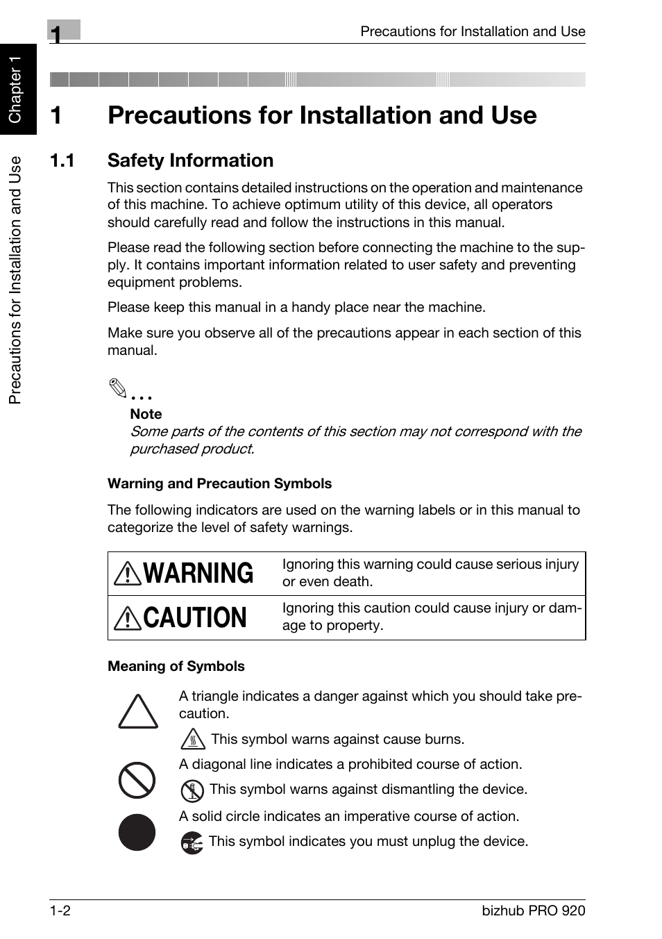 1 precautions for installation and use, 1 safety information, Precautions for installation and use | Safety information -2, Warning, Caution, 1precautions for installation and use | Konica Minolta BIZHUB PRO bizhubPRO920 User Manual | Page 18 / 410