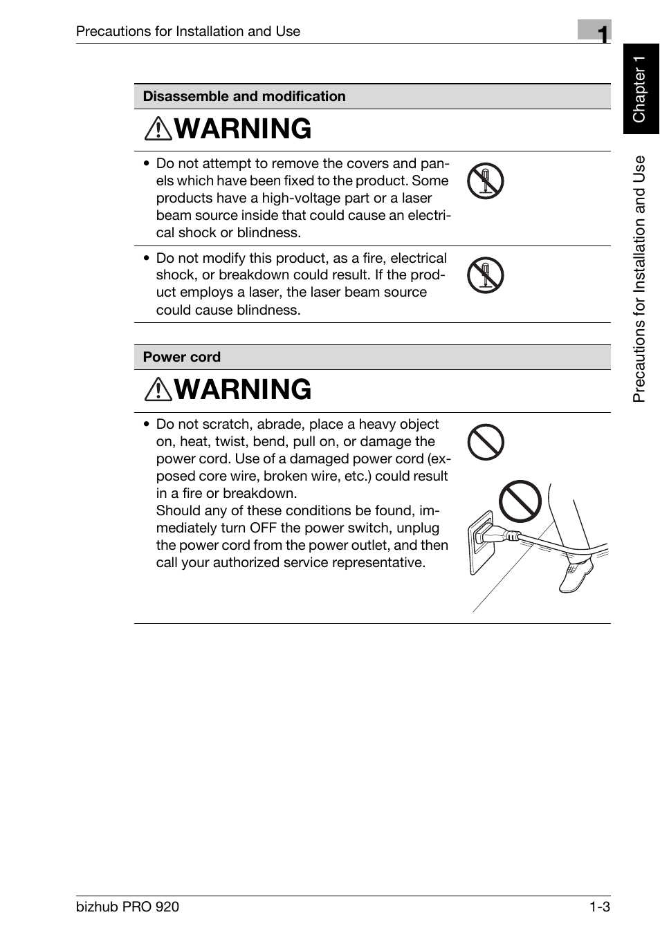 Warning | Konica Minolta BIZHUB PRO bizhubPRO920 User Manual | Page 19 / 410