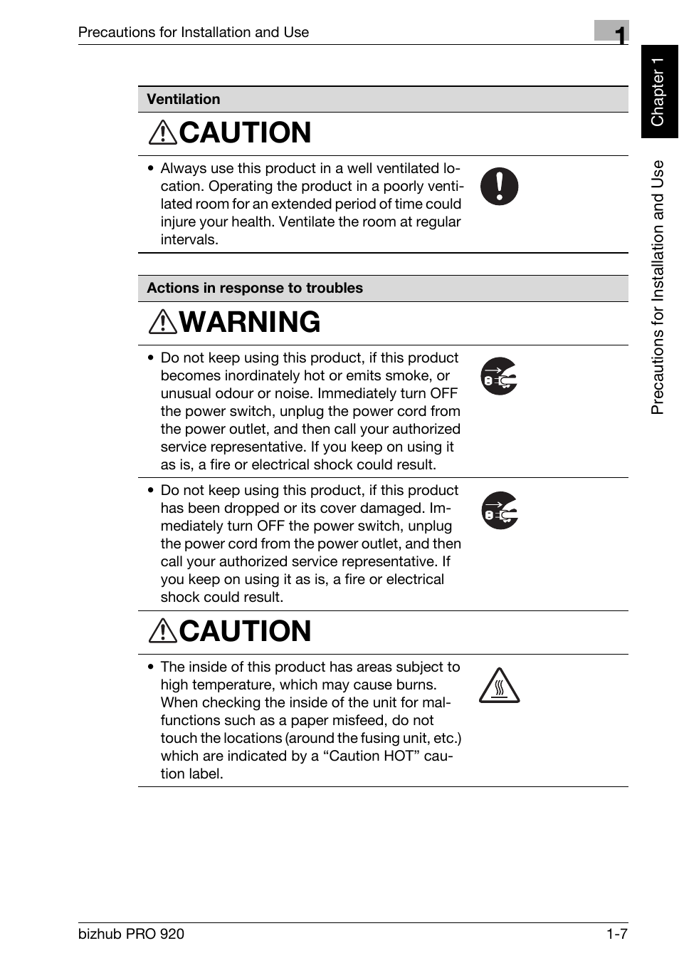 Caution, Warning | Konica Minolta BIZHUB PRO bizhubPRO920 User Manual | Page 23 / 410