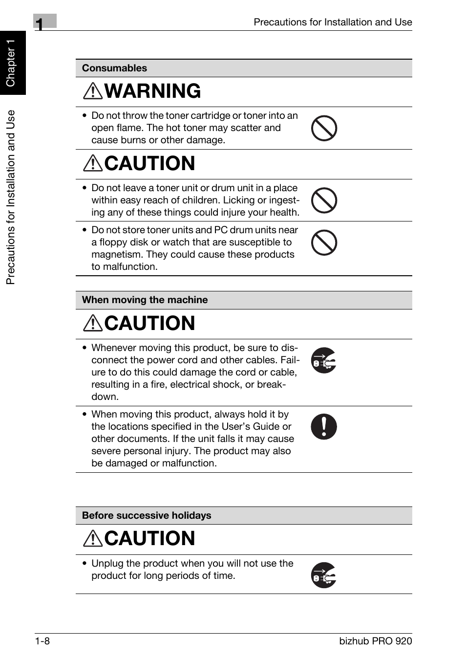 Warning, Caution | Konica Minolta BIZHUB PRO bizhubPRO920 User Manual | Page 24 / 410