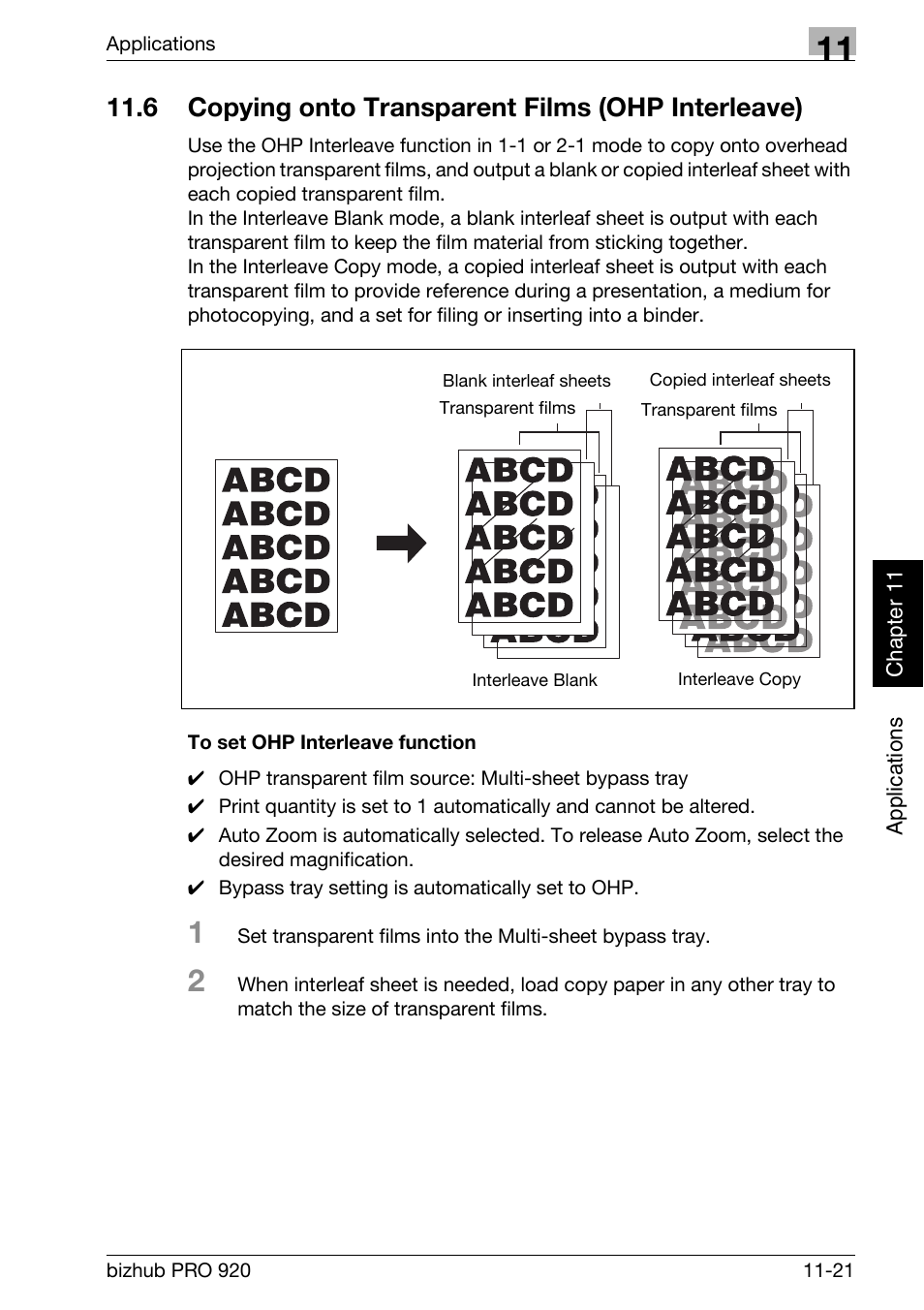 6 copying onto transparent films (ohp interleave), To set ohp interleave function -21 | Konica Minolta BIZHUB PRO bizhubPRO920 User Manual | Page 255 / 410
