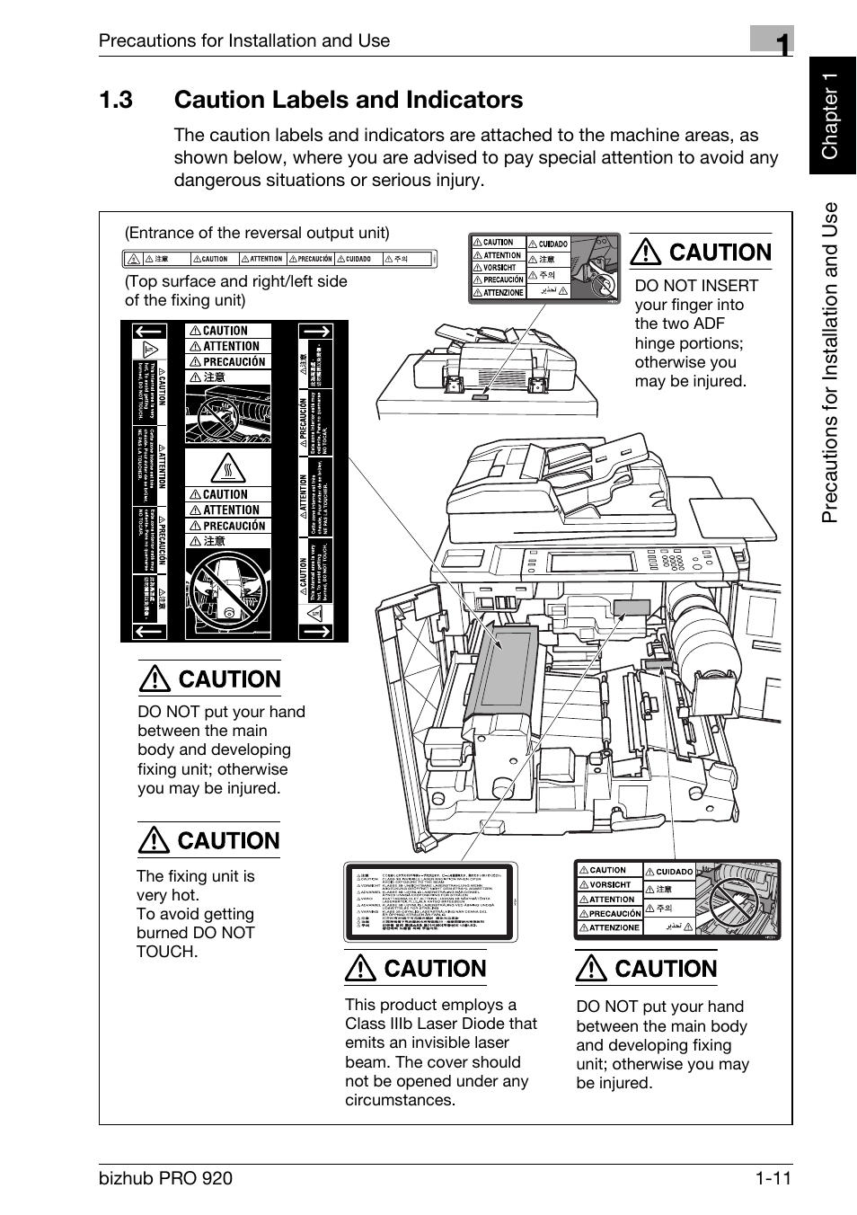 3 caution labels and indicators, Caution labels and indicators -11 | Konica Minolta BIZHUB PRO bizhubPRO920 User Manual | Page 27 / 410