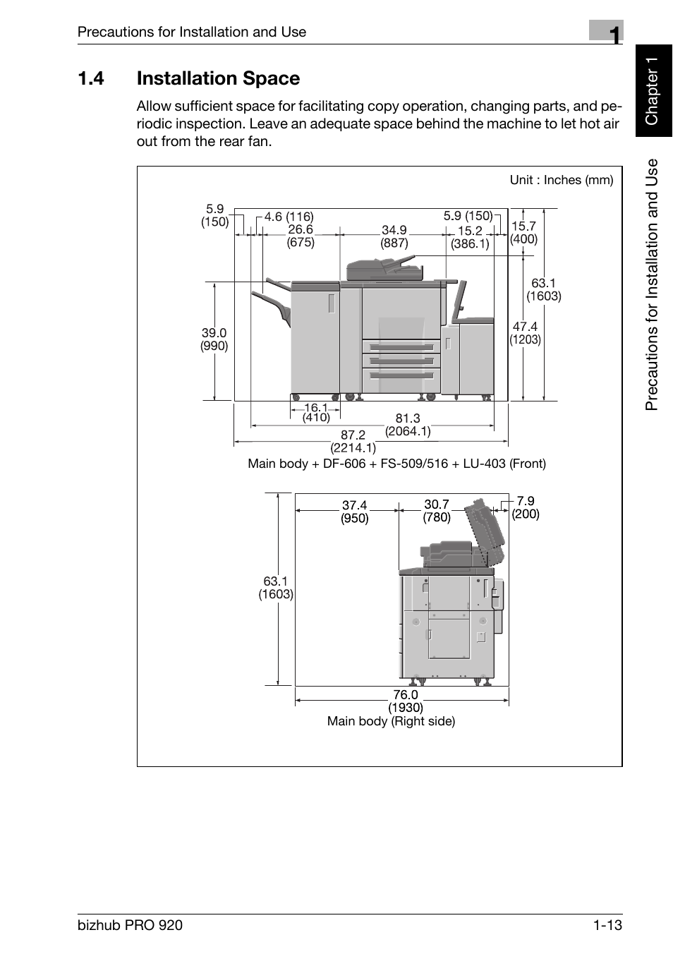 4 installation space, Installation space -13 | Konica Minolta BIZHUB PRO bizhubPRO920 User Manual | Page 29 / 410