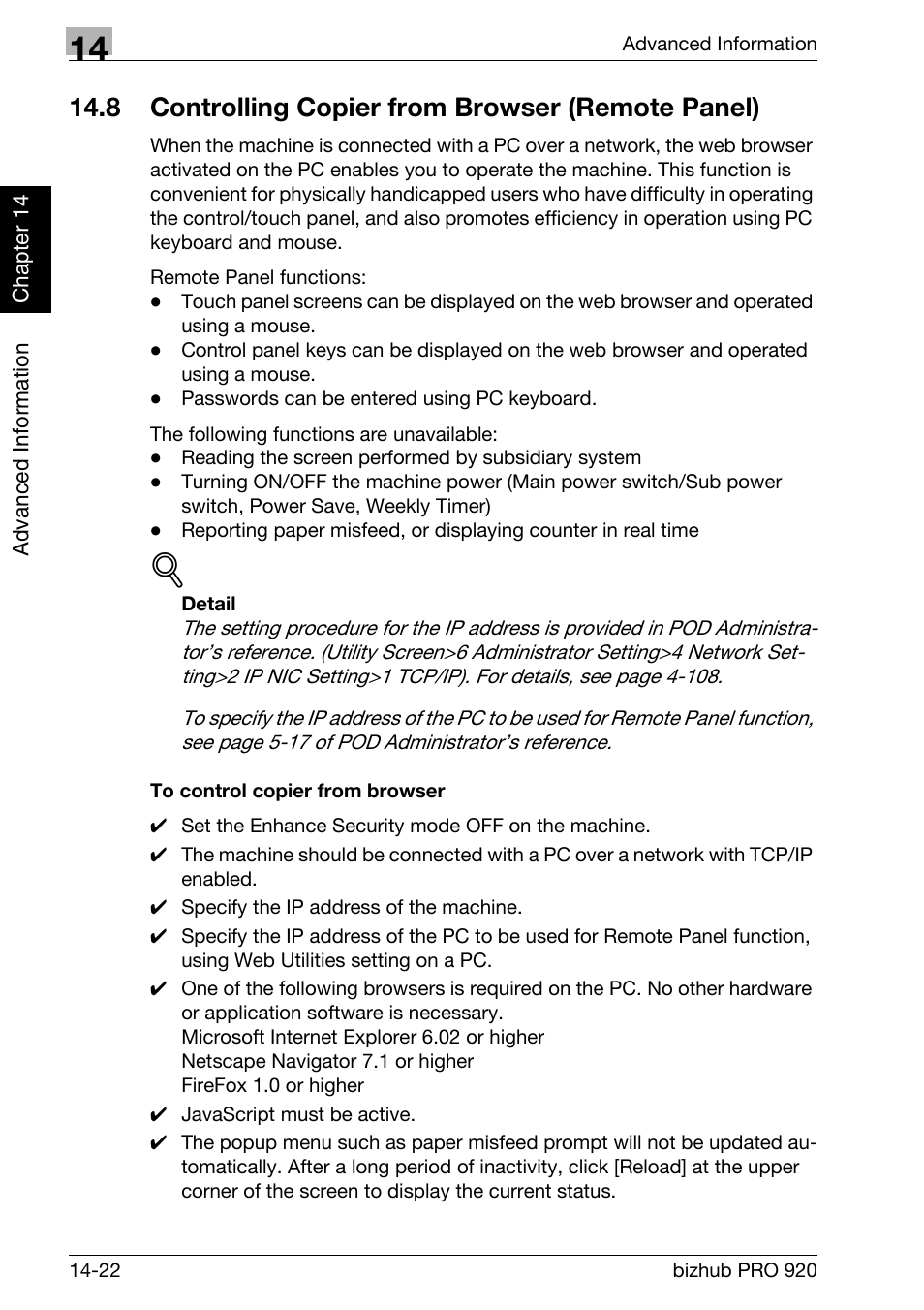 8 controlling copier from browser (remote panel), Controlling copier from browser (remote panel) -22, To control copier from browser -22 | Konica Minolta BIZHUB PRO bizhubPRO920 User Manual | Page 398 / 410