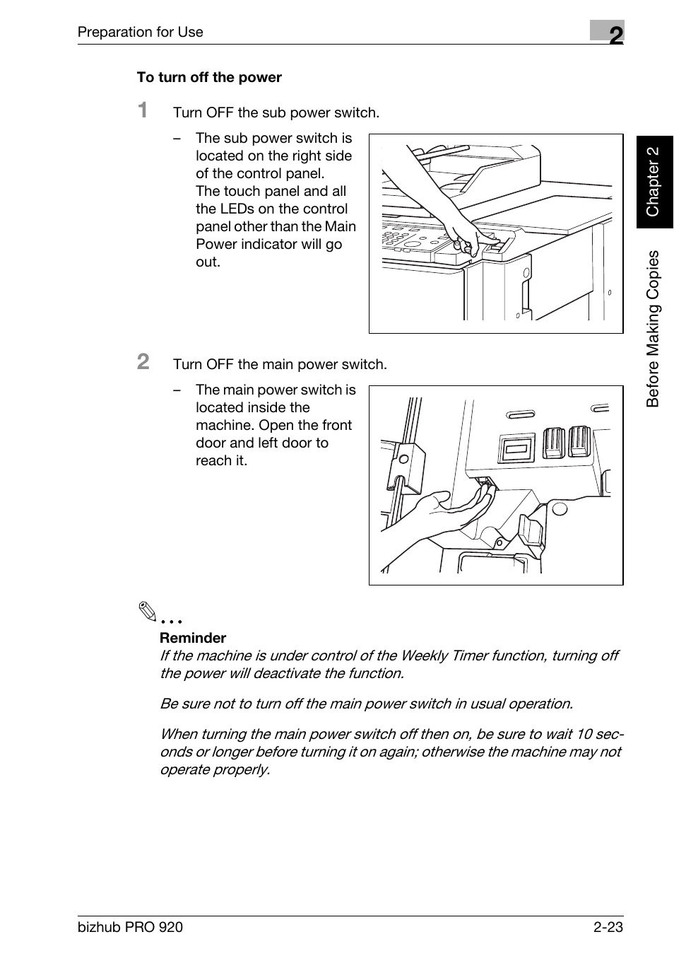 To turn off the power -23 | Konica Minolta BIZHUB PRO bizhubPRO920 User Manual | Page 55 / 410