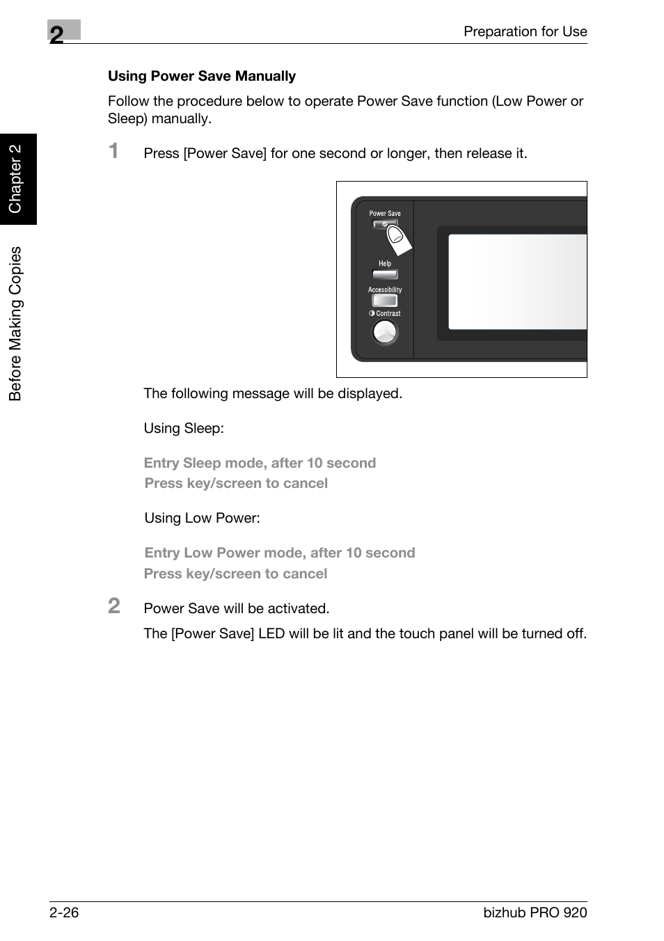 Using power save manually -26 | Konica Minolta BIZHUB PRO bizhubPRO920 User Manual | Page 58 / 410