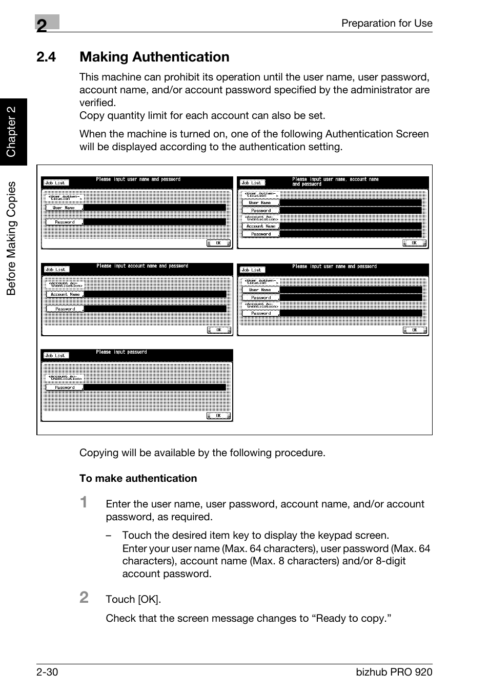 4 making authentication, Making authentication -30, To make authentication -30 | Konica Minolta BIZHUB PRO bizhubPRO920 User Manual | Page 62 / 410