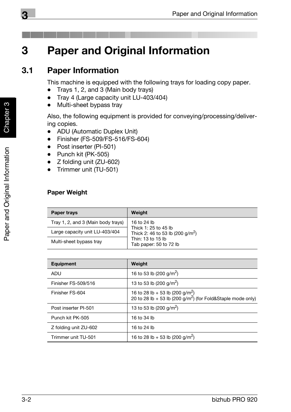 3 paper and original information, 1 paper information, Paper and original information | Paper information -2, Paper weight -2, 3paper and original information | Konica Minolta BIZHUB PRO bizhubPRO920 User Manual | Page 66 / 410