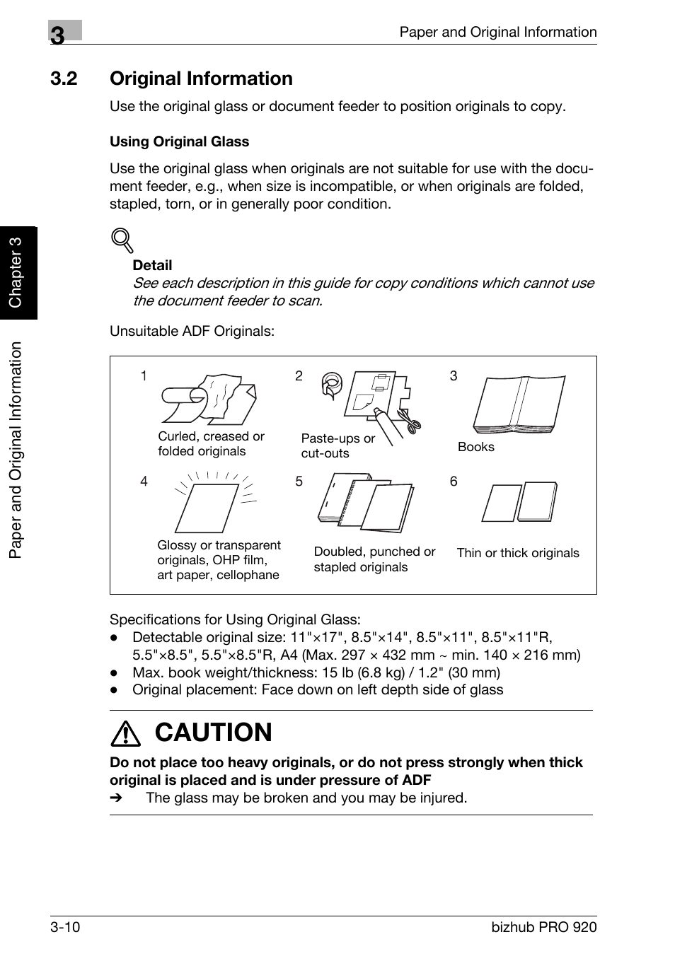 2 original information, Original information -10, Using original glass -10 | 7 caution | Konica Minolta BIZHUB PRO bizhubPRO920 User Manual | Page 74 / 410