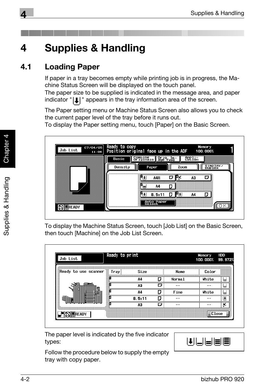 4 supplies & handling, 1 loading paper, Supplies & handling | Loading paper -2, 4supplies & handling | Konica Minolta BIZHUB PRO bizhubPRO920 User Manual | Page 80 / 410
