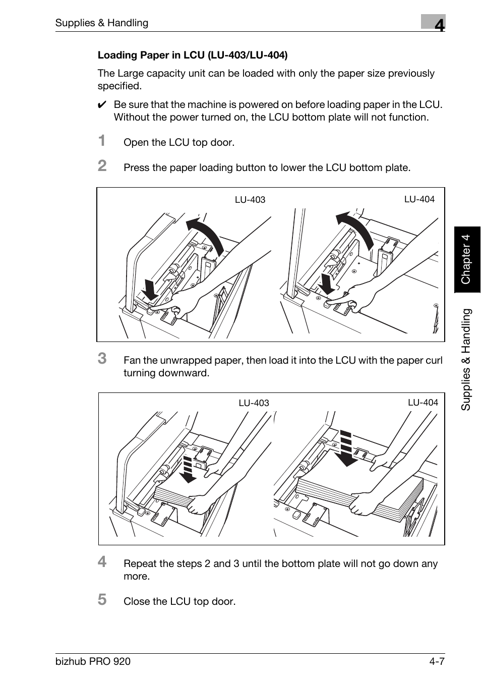 Loading paper in lcu (lu-403/lu-404) -7 | Konica Minolta BIZHUB PRO bizhubPRO920 User Manual | Page 85 / 410