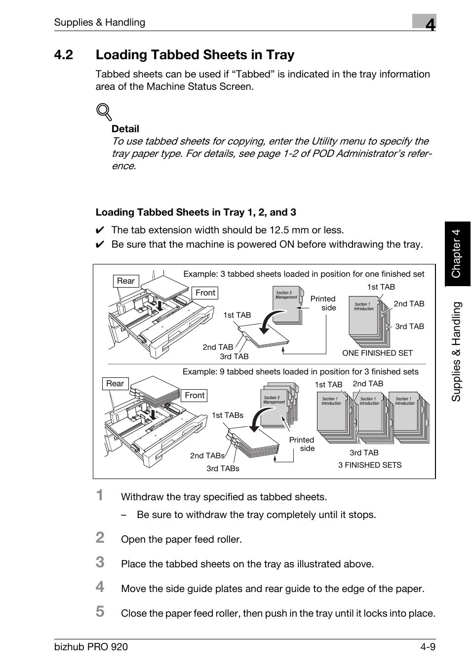 2 loading tabbed sheets in tray, Loading tabbed sheets in tray -9, Loading tabbed sheets in tray 1, 2, and 3 -9 | Konica Minolta BIZHUB PRO bizhubPRO920 User Manual | Page 87 / 410