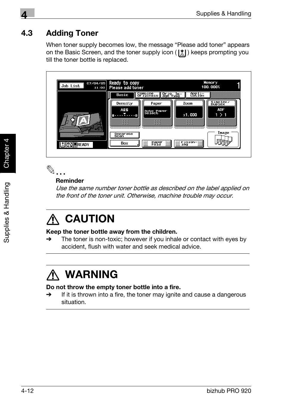 3 adding toner, Adding toner -12, 7 caution | 7 warning | Konica Minolta BIZHUB PRO bizhubPRO920 User Manual | Page 90 / 410