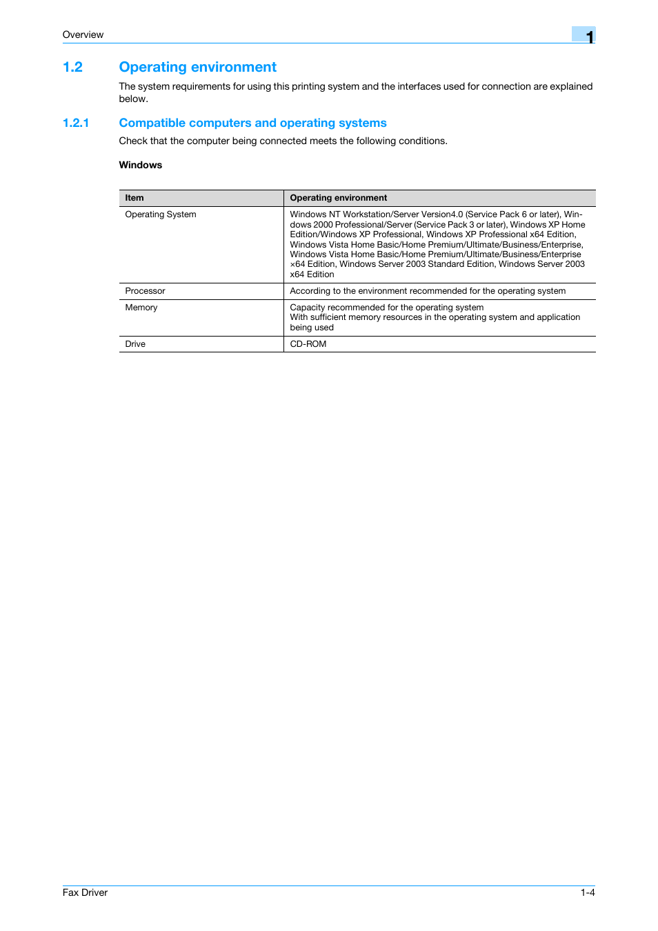 2 operating environment, 1 compatible computers and operating systems, Windows | Operating environment -4 | Konica Minolta BIZHUB C253 User Manual | Page 10 / 66