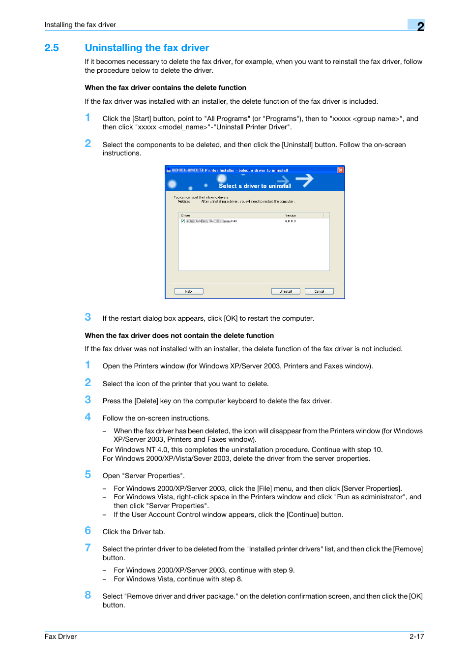 5 uninstalling the fax driver, When the fax driver contains the delete function | Konica Minolta BIZHUB C253 User Manual | Page 28 / 66