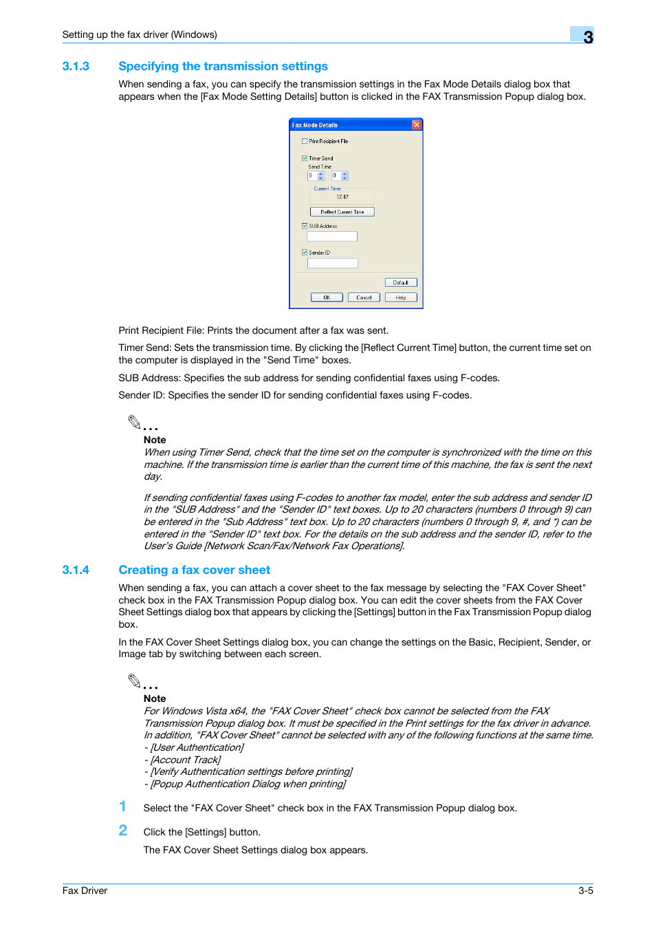 3 specifying the transmission settings, 4 creating a fax cover sheet, Specifying the transmission settings -5 | Creating a fax cover sheet -5, Creating a fax cover | Konica Minolta BIZHUB C253 User Manual | Page 34 / 66