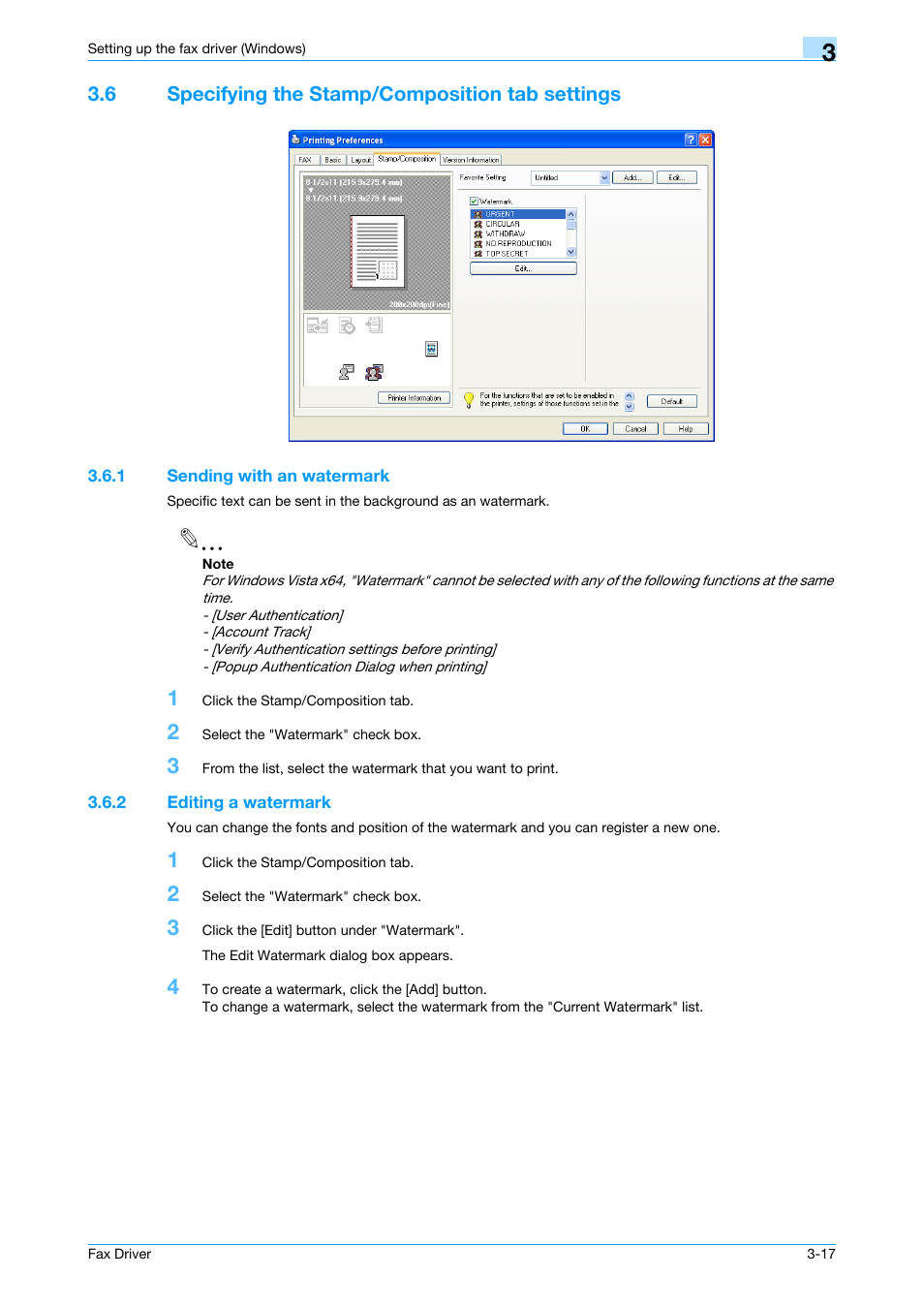 6 specifying the stamp/composition tab settings, 1 sending with an watermark, 2 editing a watermark | Specifying the stamp/composition tab settings -17, Sending with an watermark -17, Editing a watermark -17 | Konica Minolta BIZHUB C253 User Manual | Page 46 / 66