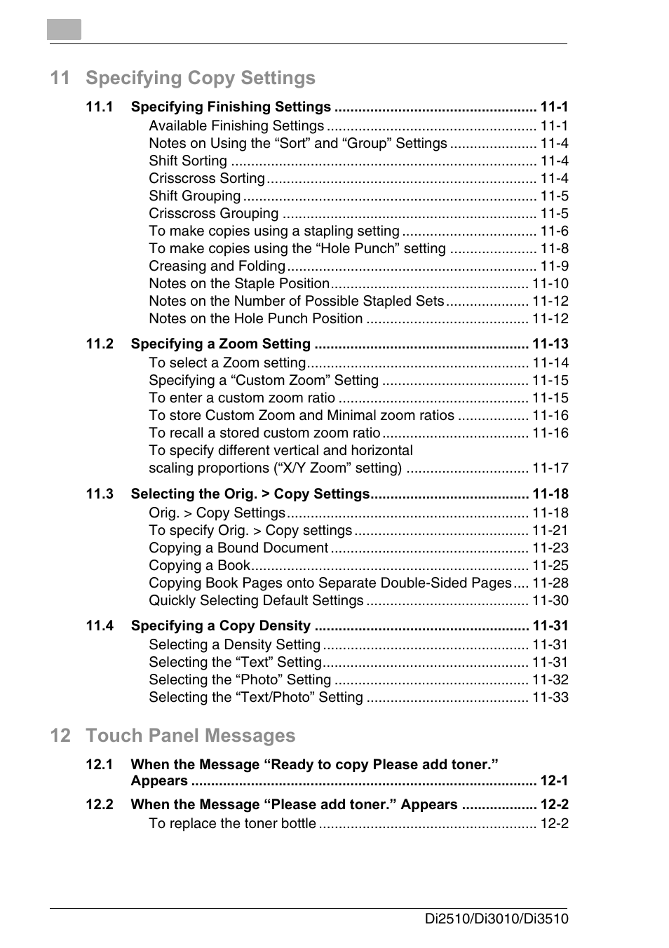 11 specifying copy settings, 12 touch panel messages | Konica Minolta DI3510 User Manual | Page 10 / 334