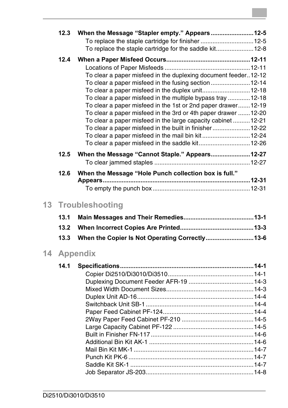 13 troubleshooting, 14 appendix | Konica Minolta DI3510 User Manual | Page 11 / 334