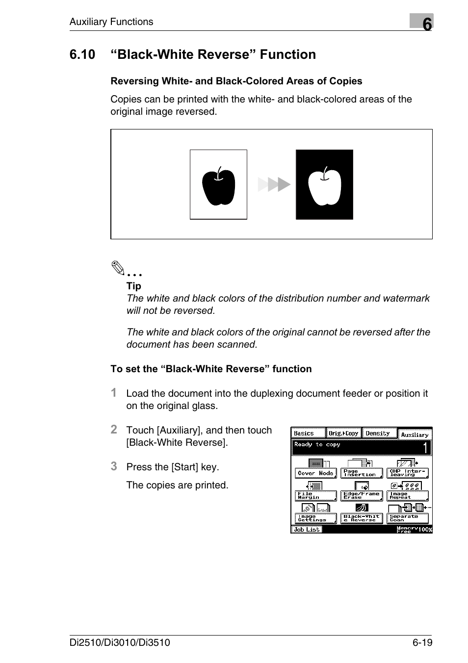 10 “black-white reverse” function, Reversing white- and black-colored areas of copies, To set the “black-white reverse” function | Black-white reverse” function -19 | Konica Minolta DI3510 User Manual | Page 115 / 334