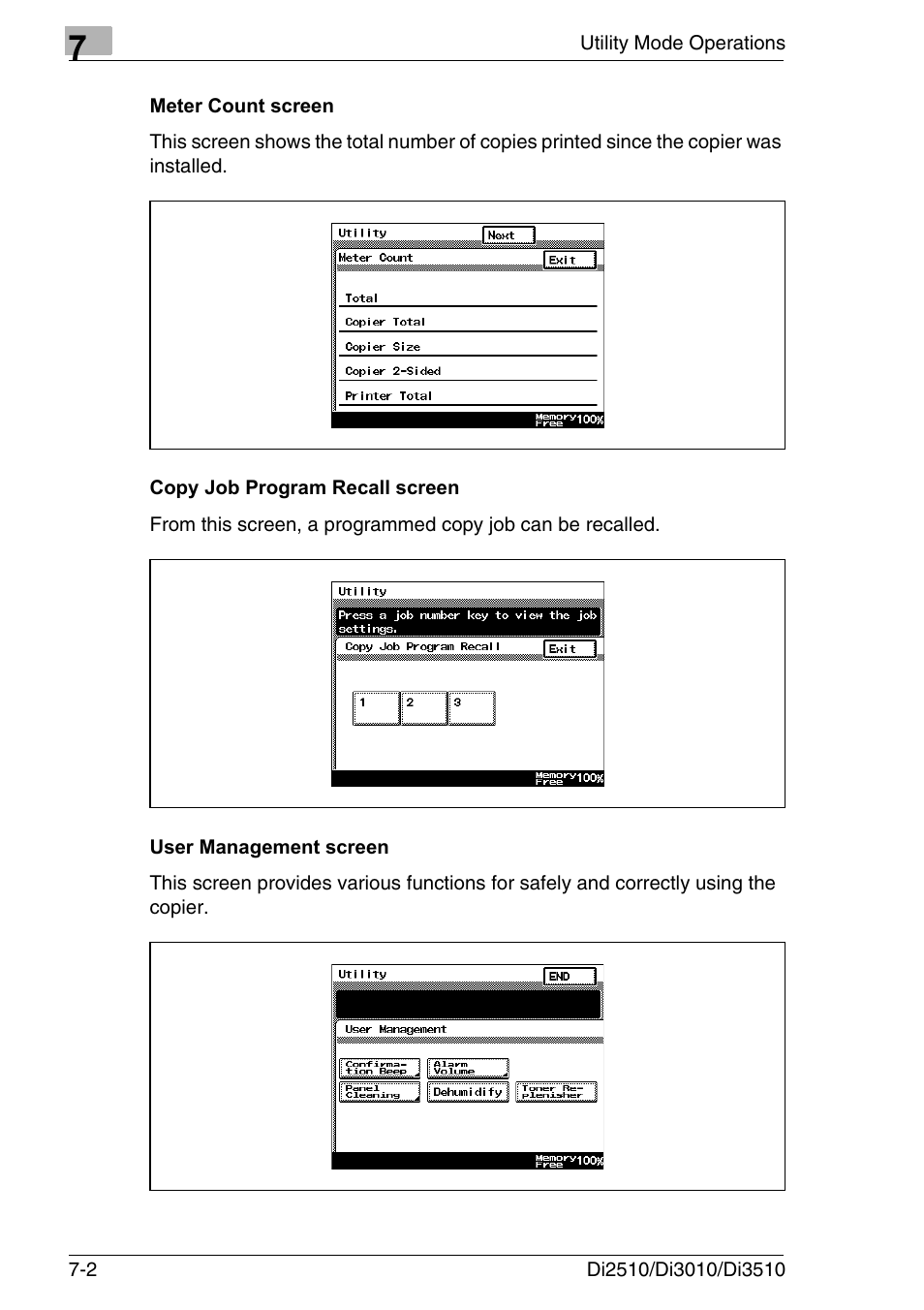 Meter count screen, Copy job program recall screen, User management screen | Konica Minolta DI3510 User Manual | Page 118 / 334