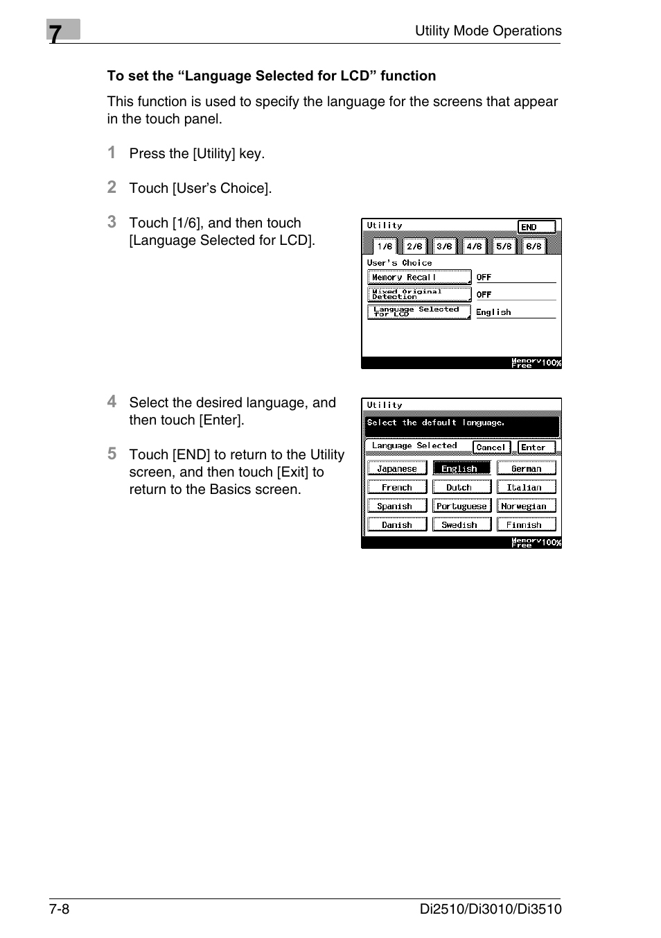 To set the “language selected for lcd” function, To set the “language selected for lcd” function -8 | Konica Minolta DI3510 User Manual | Page 124 / 334