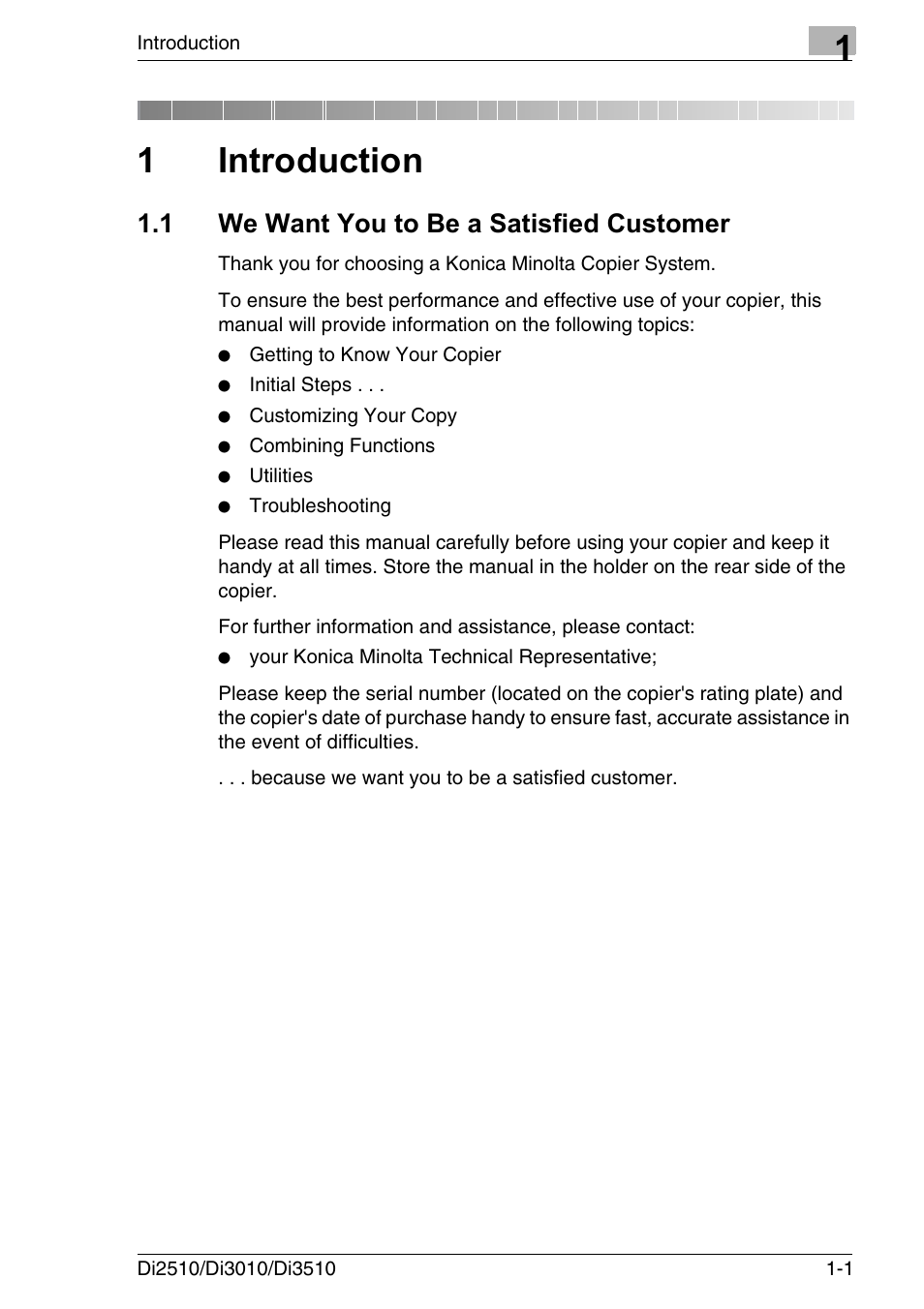 1 introduction, 1 we want you to be a satisfied customer, Introduction | We want you to be a satisfied customer -1, 1introduction | Konica Minolta DI3510 User Manual | Page 13 / 334