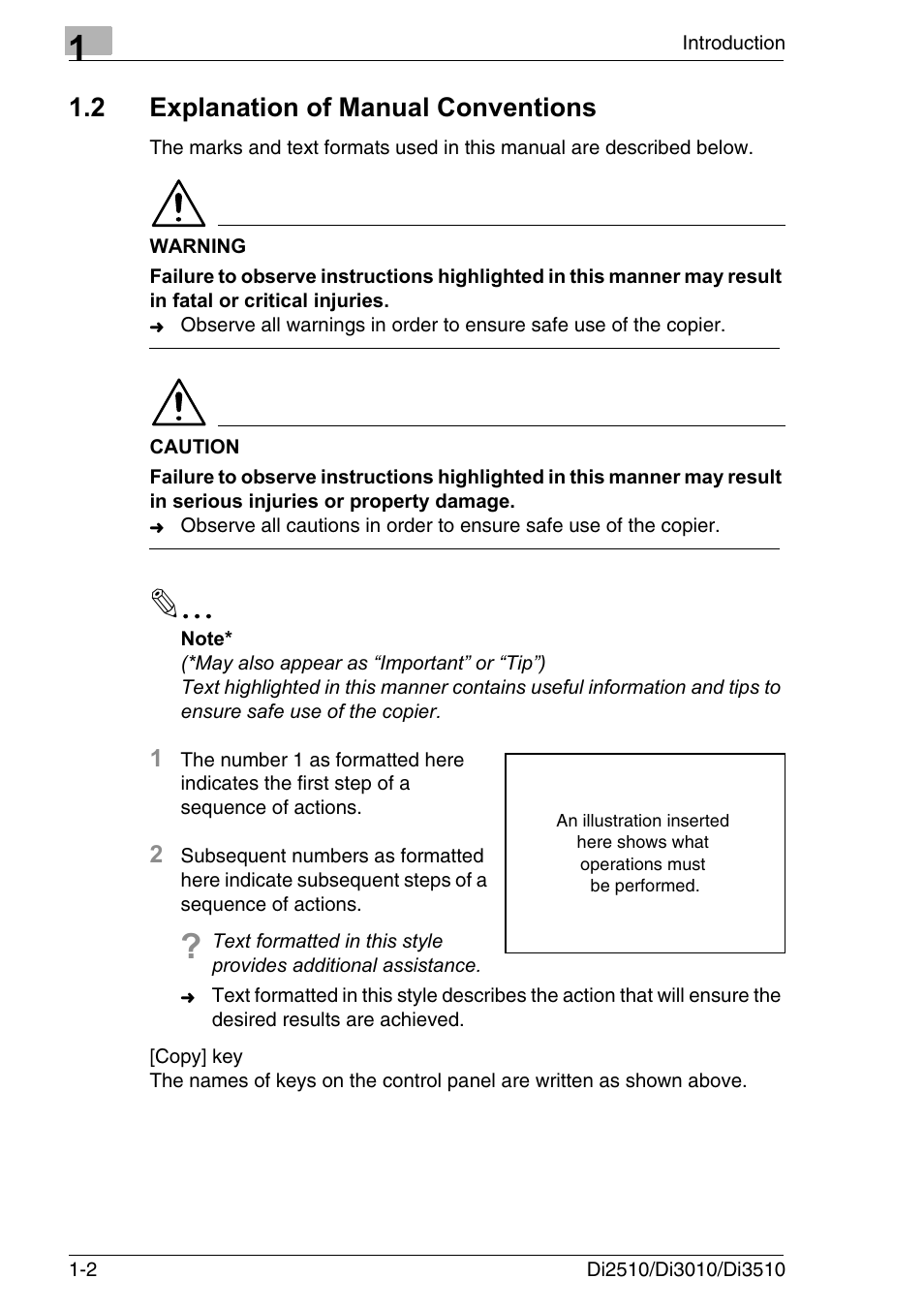 2 explanation of manual conventions, Explanation of manual conventions -2 | Konica Minolta DI3510 User Manual | Page 14 / 334