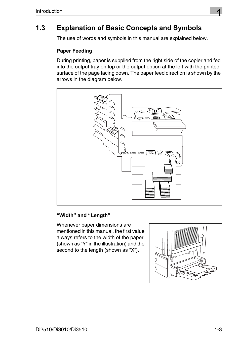 3 explanation of basic concepts and symbols, Paper feeding, Width” and “length | Explanation of basic concepts and symbols -3, Paper feeding -3 “width” and “length” -3 | Konica Minolta DI3510 User Manual | Page 15 / 334