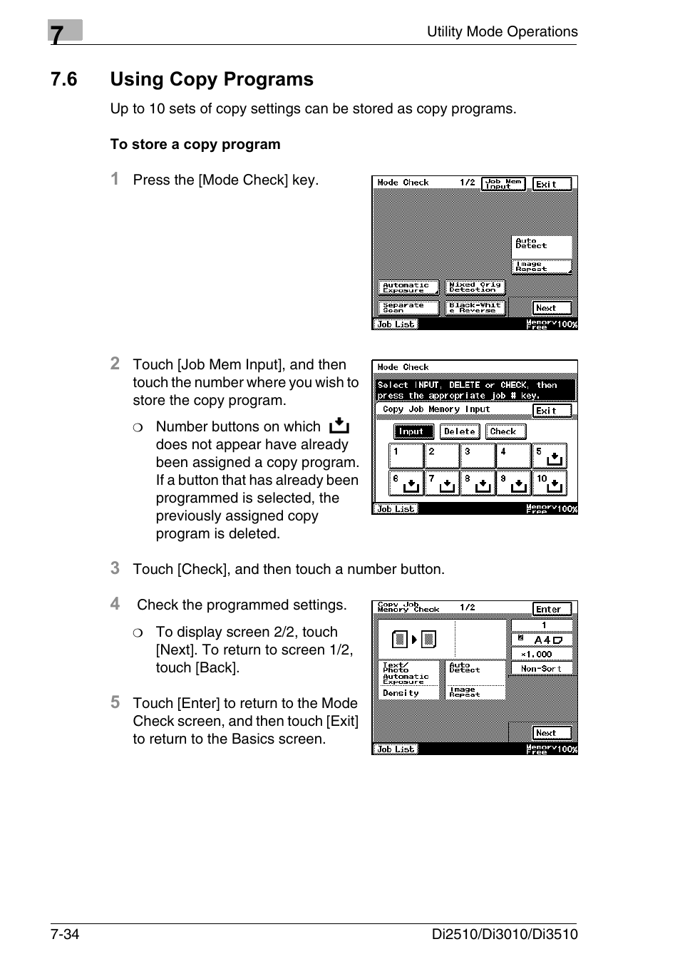 6 using copy programs, To store a copy program, Using copy programs -34 | To store a copy program -34 | Konica Minolta DI3510 User Manual | Page 150 / 334