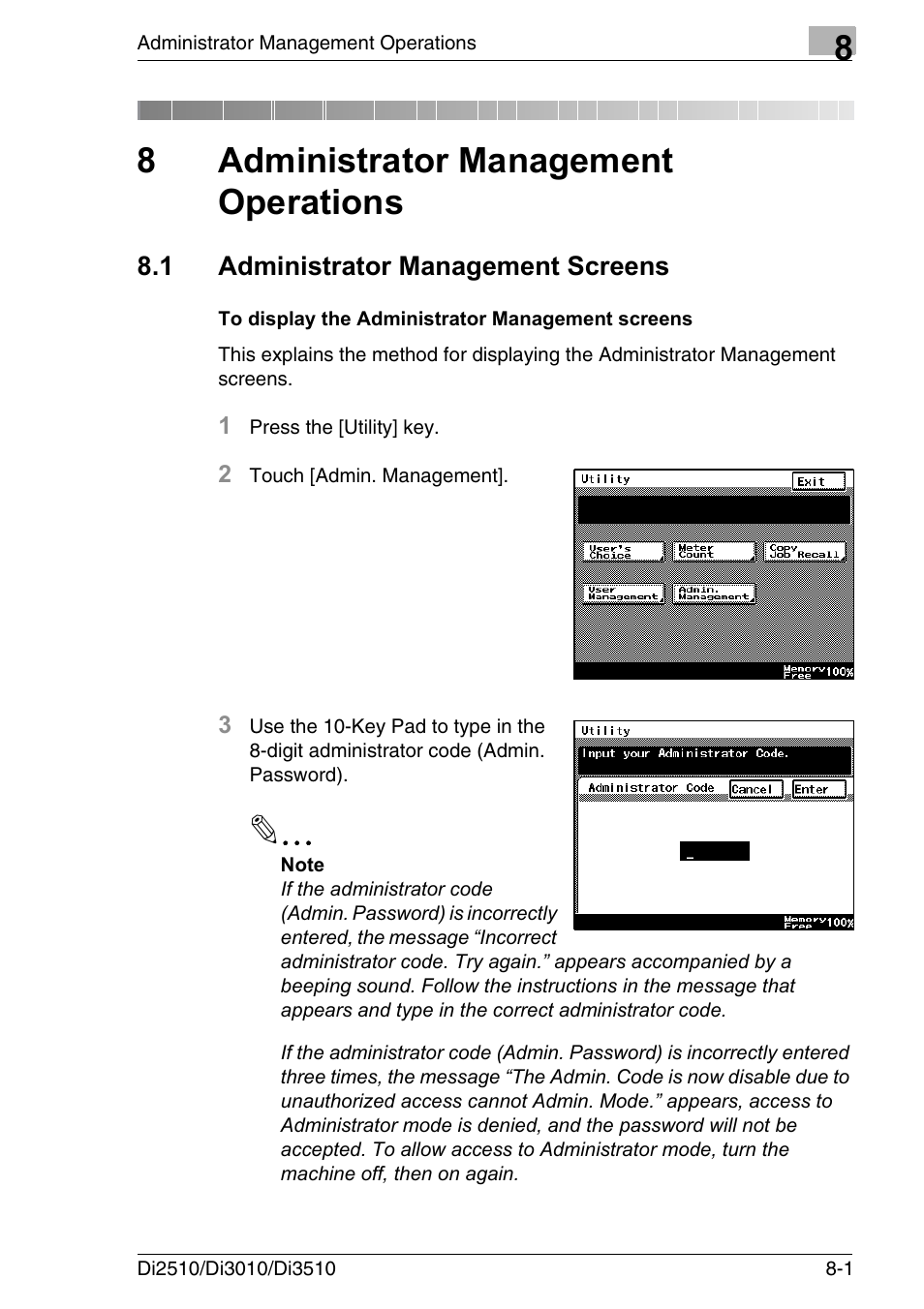 8 administrator management operations, 1 administrator management screens, To display the administrator management screens | Administrator management operations, Administrator management screens -1, To display the administrator management screens -1, 8administrator management operations | Konica Minolta DI3510 User Manual | Page 157 / 334