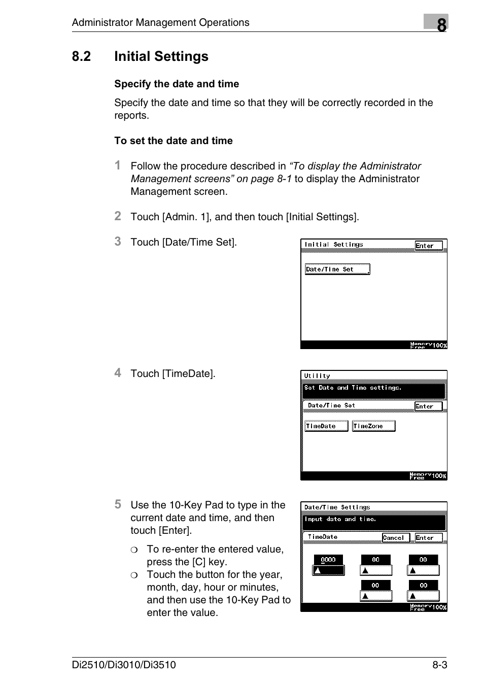 2 initial settings, Specify the date and time, To set the date and time | Initial settings -3 | Konica Minolta DI3510 User Manual | Page 159 / 334