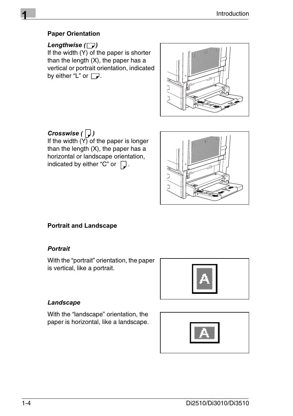 Paper orientation, Portrait and landscape, Paper orientation -4 portrait and landscape -4 | Konica Minolta DI3510 User Manual | Page 16 / 334