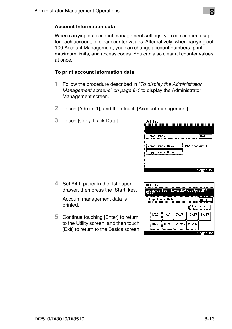 Account information data, To print account information data | Konica Minolta DI3510 User Manual | Page 169 / 334